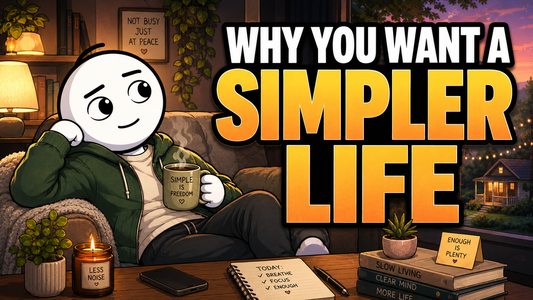 Millennial relaxing with a warm drink in a cozy room beside the headline “Why You Want a Simpler Life,” with reminders to embrace less noise and enoughness.