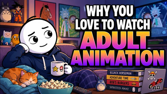 Colorful YouTube thumbnail reading “Why You Love to Watch Adult Animation,” featuring a relaxed cartoon viewer with a mug, sleeping cat, popcorn, and references to popular animated shows and films.
