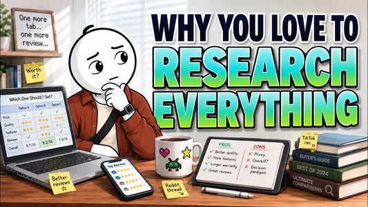YouTube thumbnail reading “Why You Love to Research Everything,” with a millennial comparing reviews, ratings, pros, and cons across several devices.
