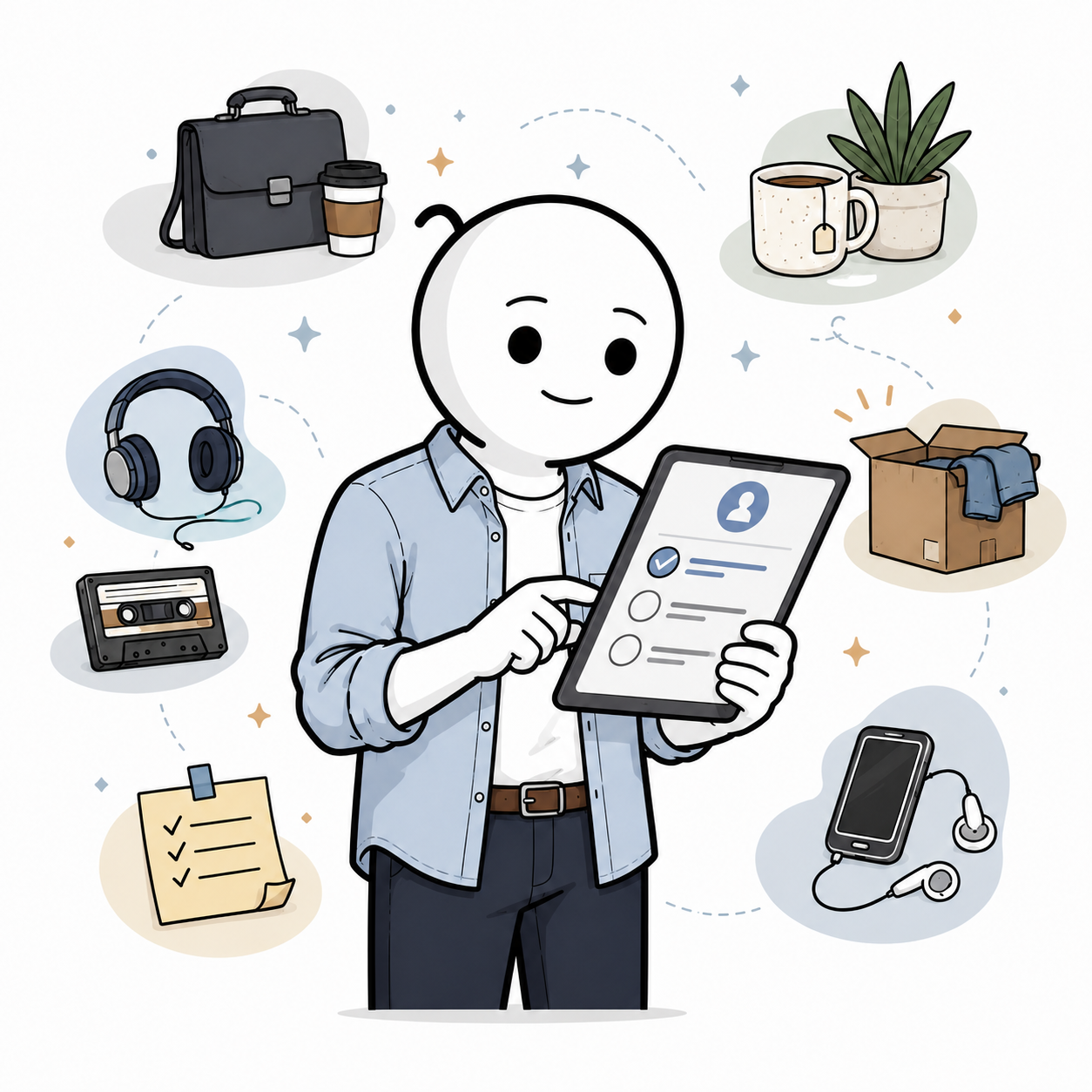 Illustrated millennial character in a casual blue hoodie holding a smartphone and coffee, surrounded by floating icons and objects representing personality, identity, and everyday digital life.